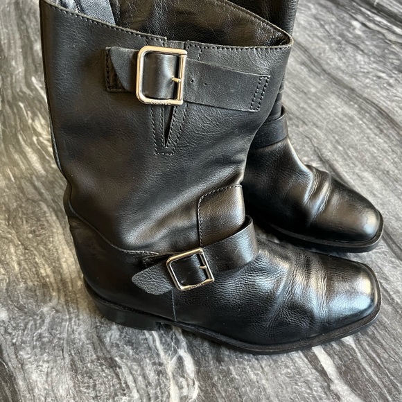 CHANEL Shoes - Chanel Interlocking CC Logo Black Leather Moto Boots